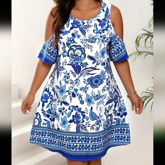Sz 20 NEW Blue/White Floral Cold Shoulder Dress 27.75" PTP, 43.75" Long SOFT - Picture 3 of 15